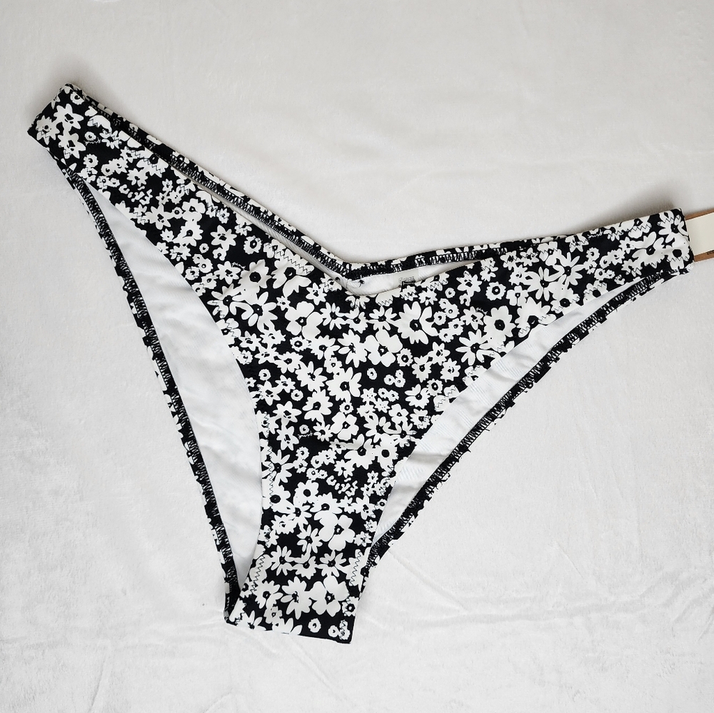 PINK Floral Black and White High Cut Cheeky Bikini Bottoms Size Large